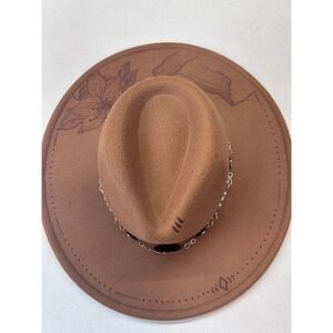 Fedora Womens Burnt felt Hat Brown Hand Drawn Mountain Floral Concho Chain New